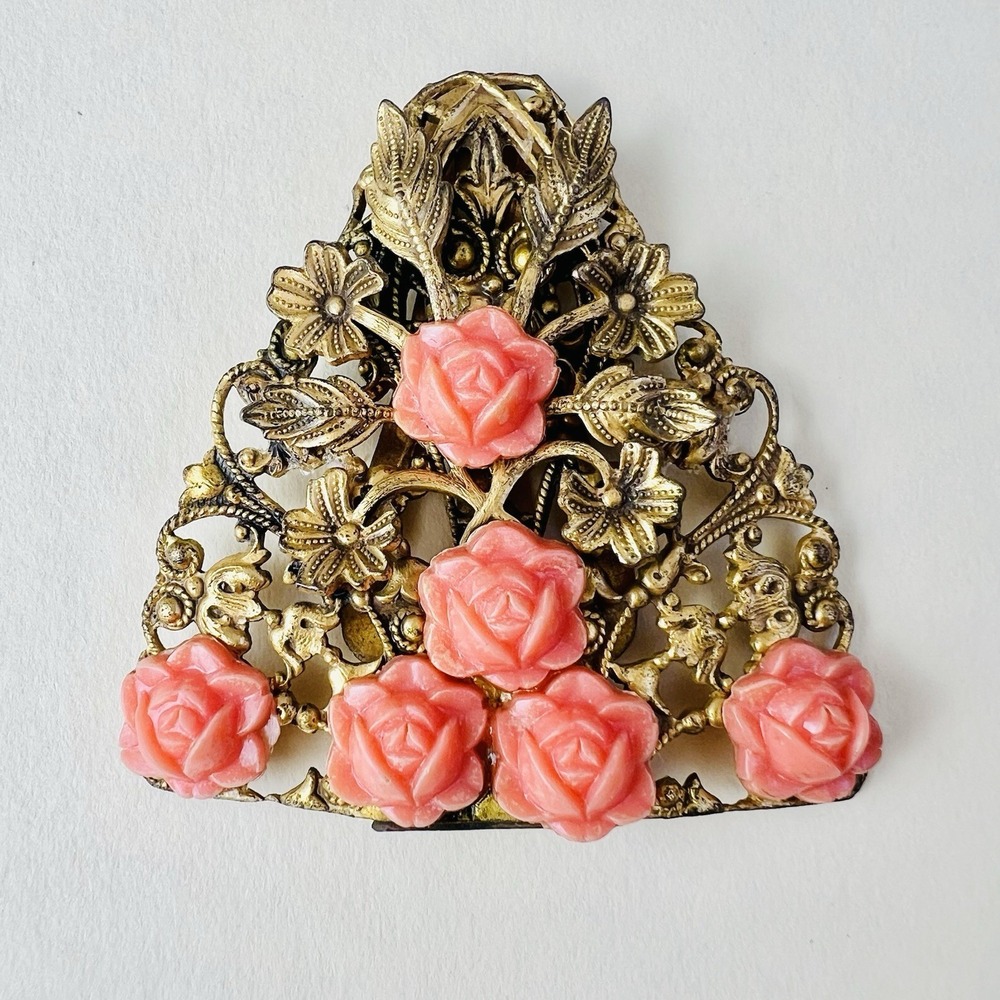Vintage Art Nouveau Carved Coral Celluloid Roses Set in Brass Dress Clip